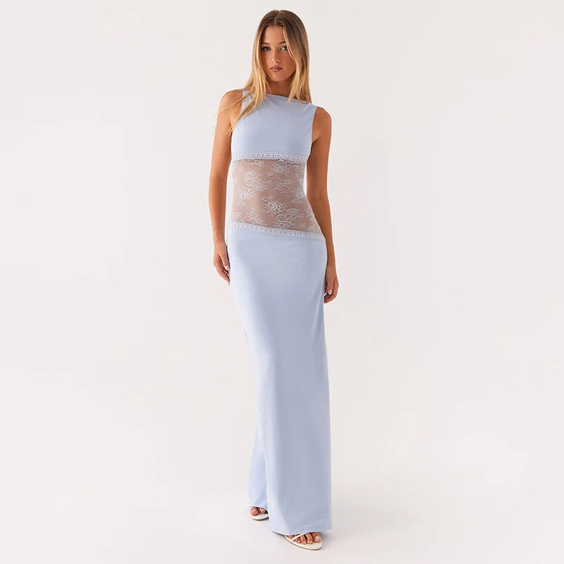 Noir Lace Halo Open-Back Maxi Dress